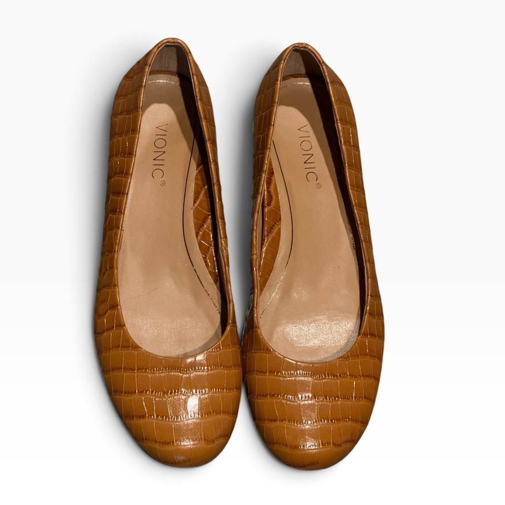 Vionic Hannah Croc Ballet Flats Toffee Brown Embossed Leather 6.5 Comfort Casual